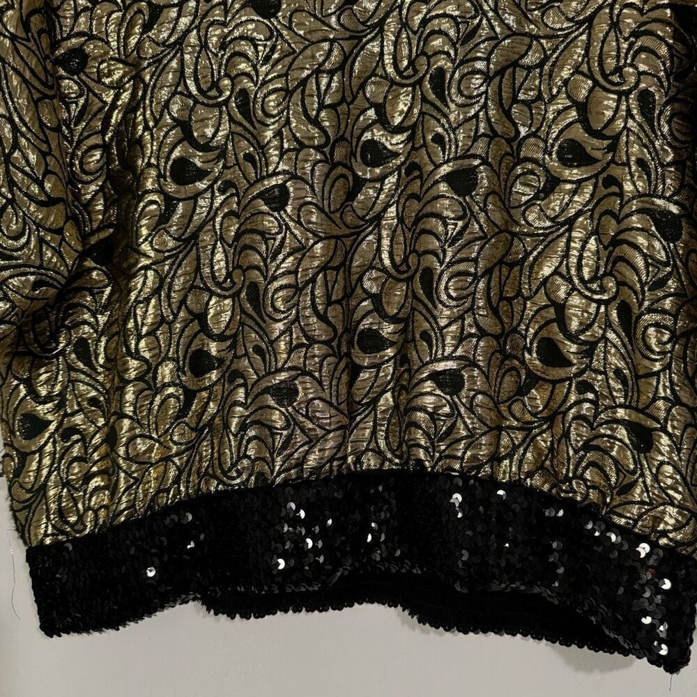 Vintage 80s Gold Metallic Black Sequin Rayon Glam Retro Top M - Picture 3 of 7
